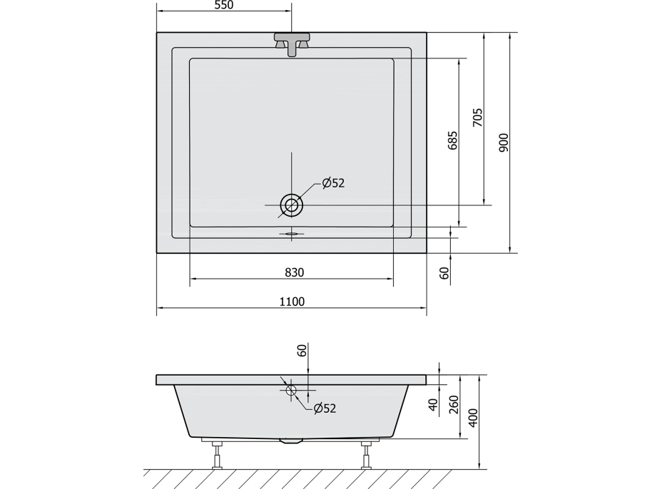 Polysan DEEP hluboká sprchová vanička s konstrukcí, obdélník 110x90x26cm, bílá 72372