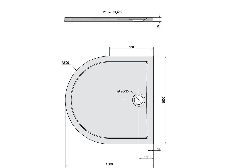 Polysan ISA 100 sprchová vanička z litého mramoru, půlkruh 100x100cm, bílá 72888