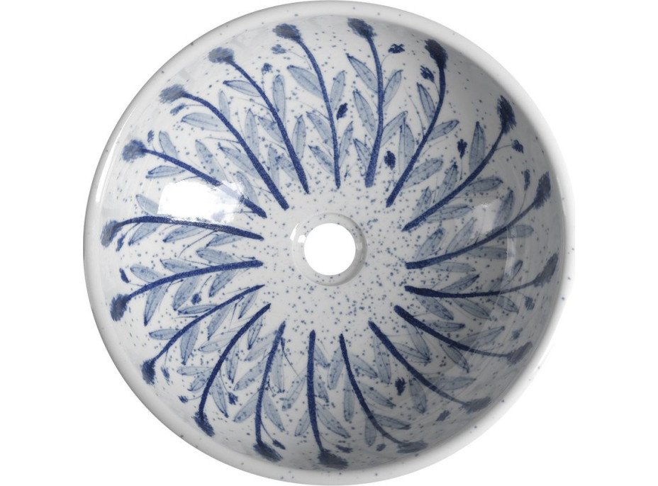 Sapho PRIORI keramické umyvadlo na desku, Ø 41 cm, bílá s modrým vzorem PI028