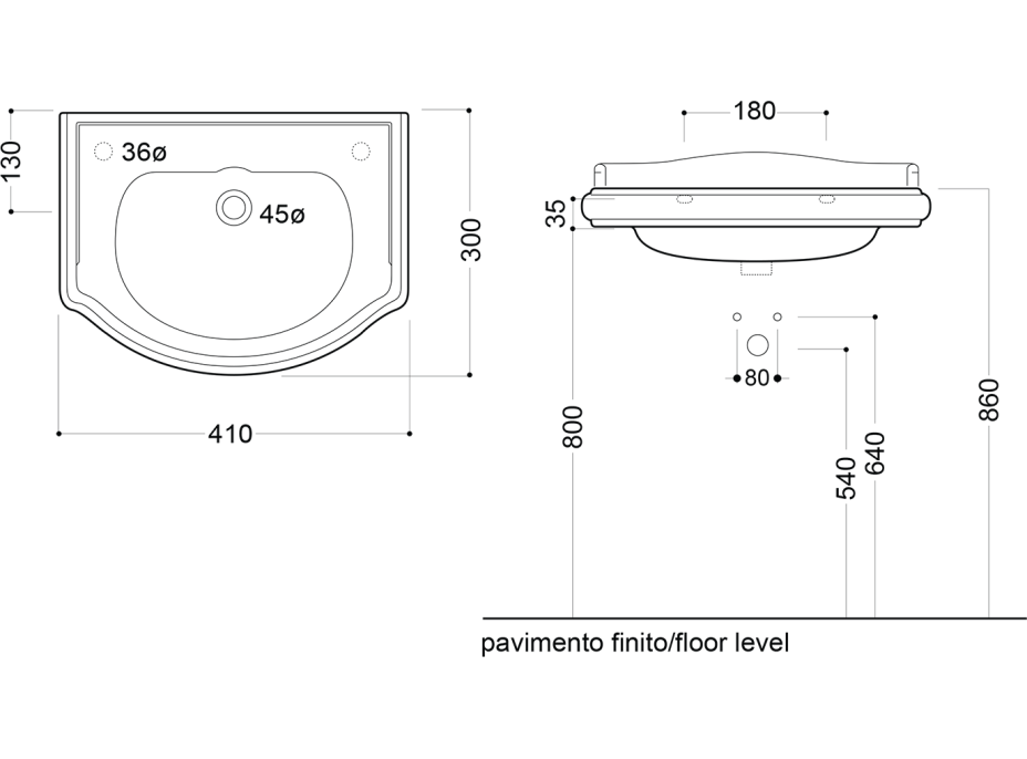 Kerasan RETRO keramické umývátko 41x30cm, otvor pro baterii vpravo, bílá 103301DX