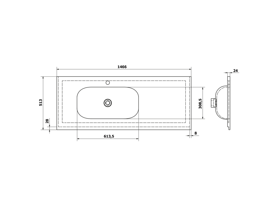 Sapho TREOS umyvadlo 146, 6x51, 3 cm, rockstone, levé, bílá mat TS147-0101-L