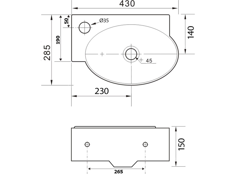 Sapho RIBERA keramické umývátko rohové 43x28, 5 cm, otvor pro baterii vlevo, bílá AR498