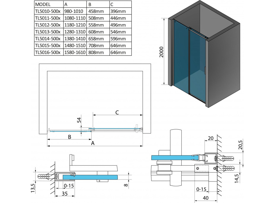 Polysan THRON LINE SQUARE sprchové dveře 1500 mm, hranaté pojezdy, čiré sklo TL5015-5002