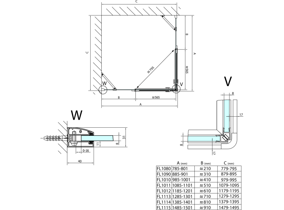 Polysan FORTIS LINE obdélníkový sprchový kout 1500x800 mm, rohový vstup FL1115LFL1080R