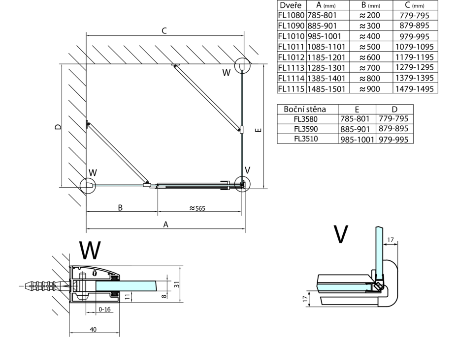 Polysan FORTIS LINE obdélníkový sprchový kout 800x900 mm, L varianta FL1080LFL3590