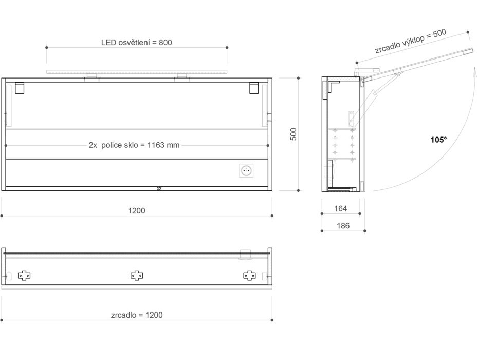 Sapho CLOE galerka s LED osvětlením 120x50x18cm, dub stříbrný CE120-0011