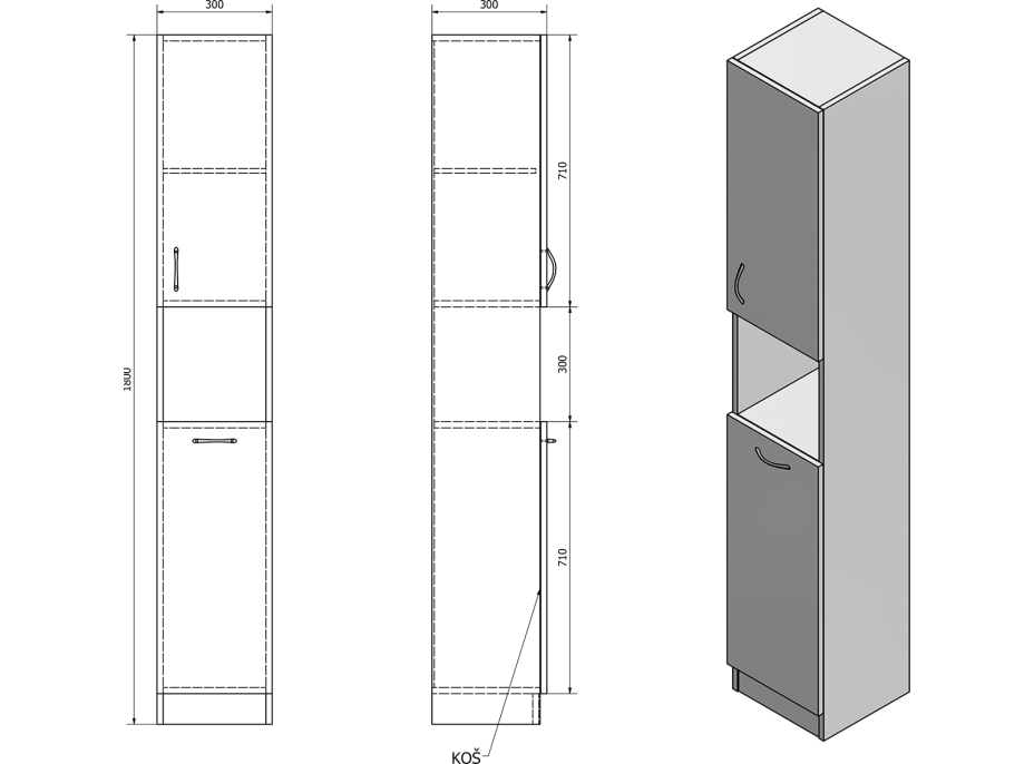 Aqualine SIMPLEX ECO vysoká skříňka s košem 30x180x30cm SIME310