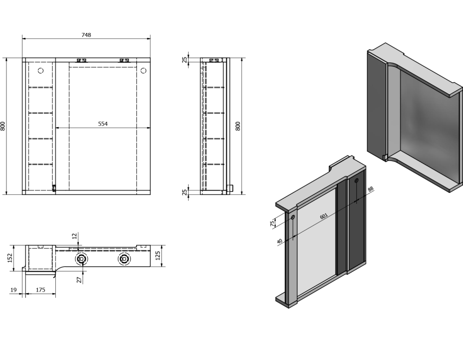 Sapho PULSE galerka s LED osvětlením, 75x80x17cm, pravá, bílá/antracit PU078-3034