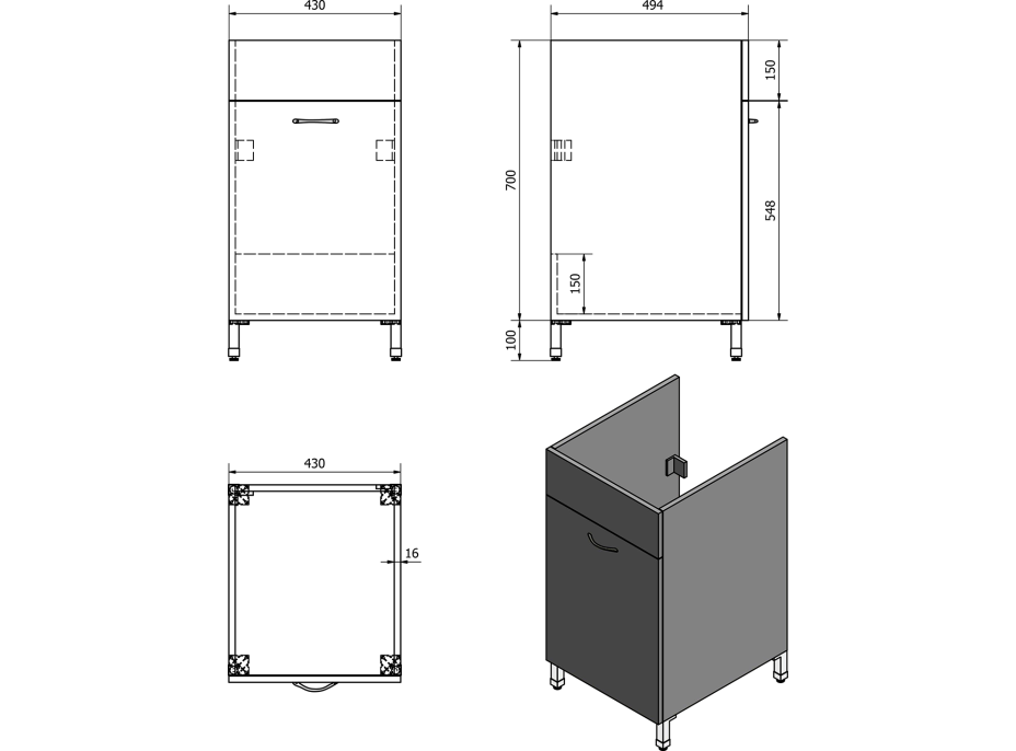 Aqualine Skříňka pod výlevku 43x70x49, 6cm, bílá 57034