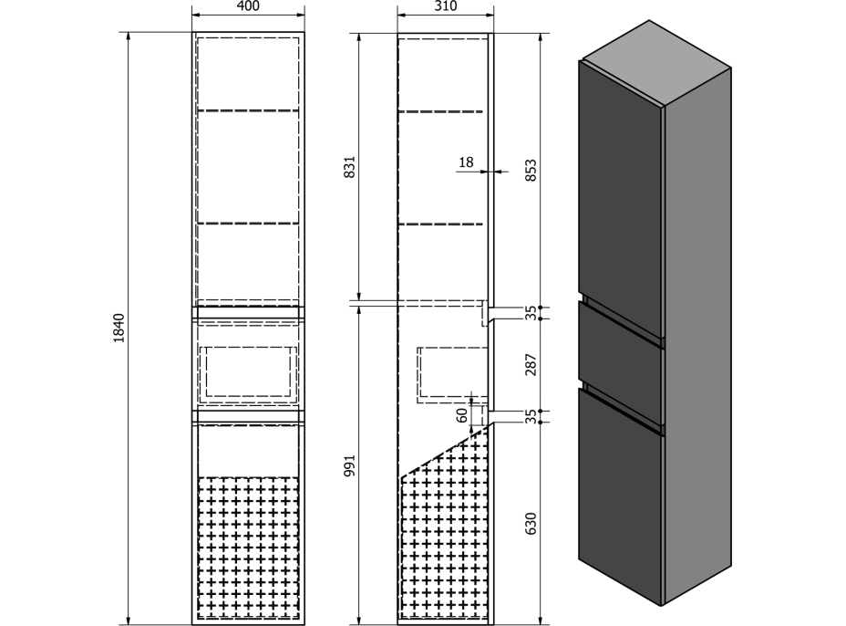 Aqualine ALTAIR vysoká skříňka s košem 40x184x31cm, levá, dub emporio AI485L