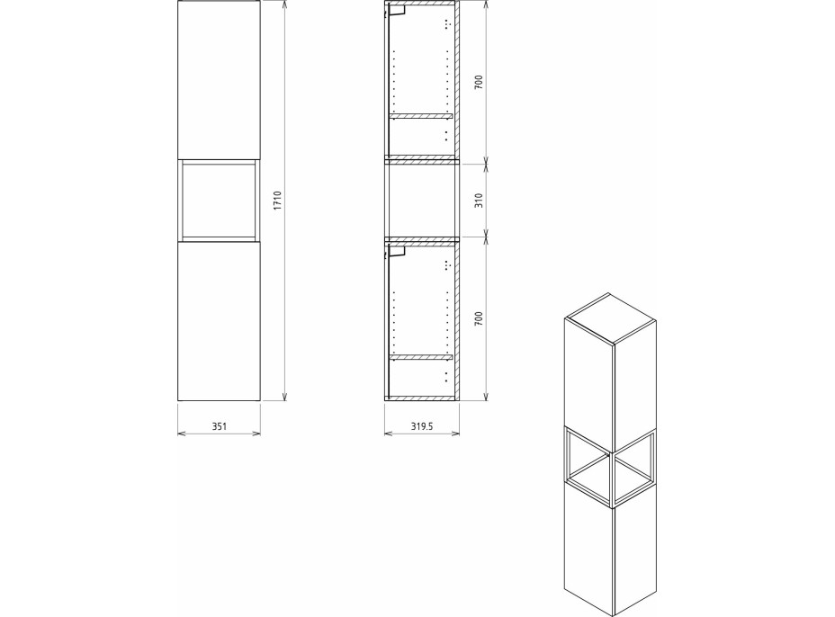 Sapho SKARA skříňka 35x171x32cm, 2x dvířka, levá/pravá, černá mat/dub Alabama CG010-2222