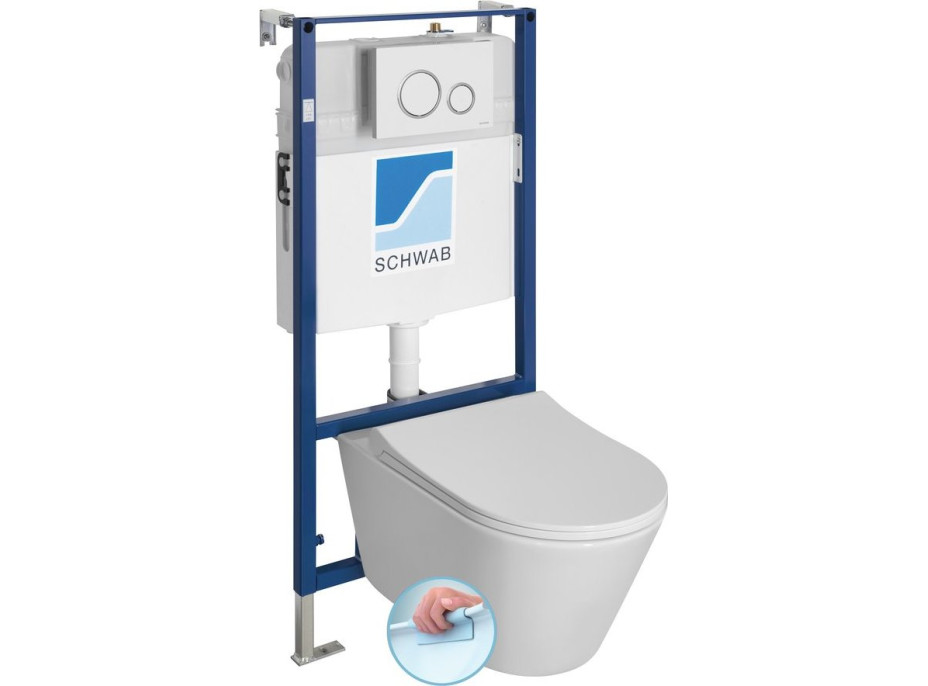 Závěsné WC AVVA Rimless s podomítkovou nádržkou a tlačítkem Schwab, bílá 100314-SET5