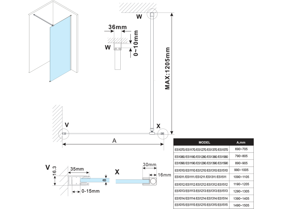 Polysan ESCA CHROME jednodílná sprchová zástěna k instalaci ke stěně, matné sklo, 1300 mm ES1113-01