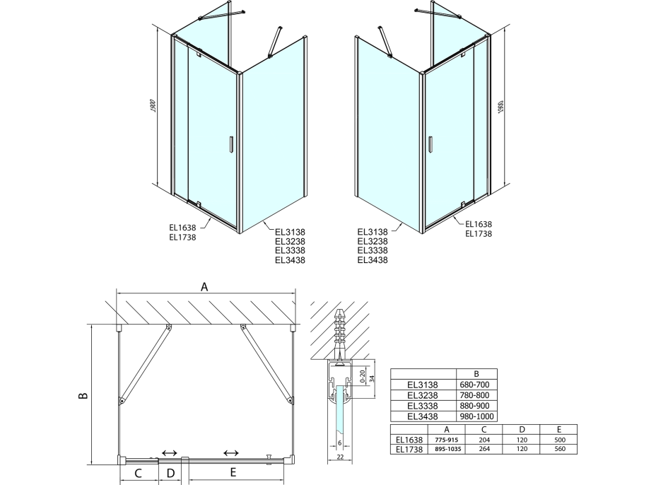 Polysan EASY LINE třístěnný sprchový kout 900-1000x800mm, pivot dveře, L/P varianta, Brick sklo EL1738EL3238EL3238