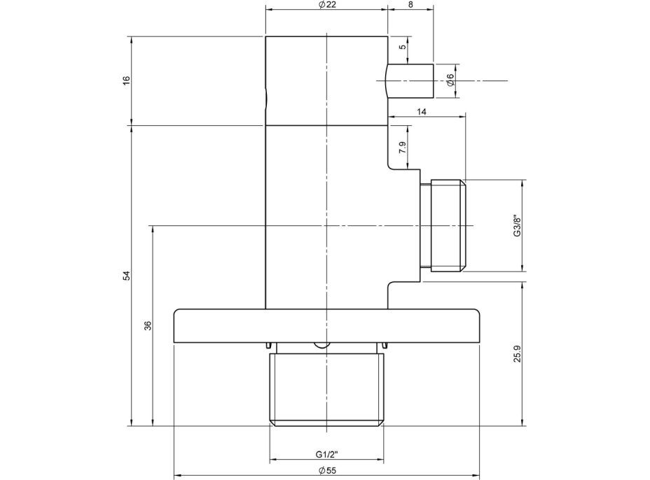 Sapho MINIMAL rohový ventil s rozetou, 1/2"x 3/8" pro studenou vodu, nerez mat MI058S