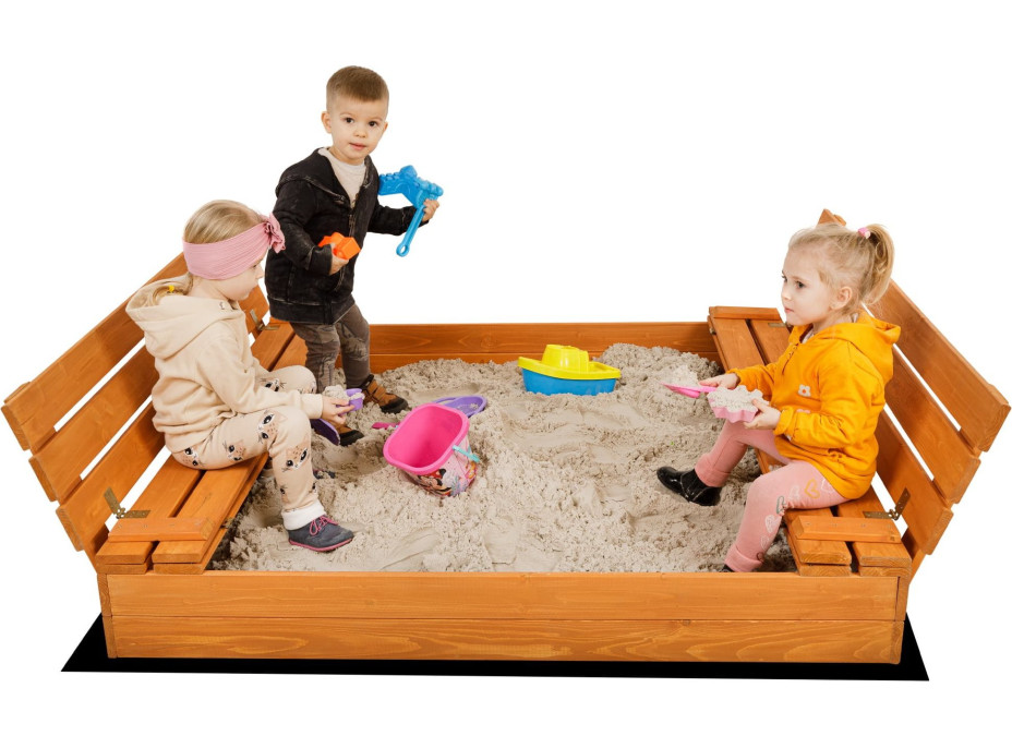 SAND TROPIC Dřevěné pískoviště s lavičkami a příslušenstvím 100x100cm (impregnované)