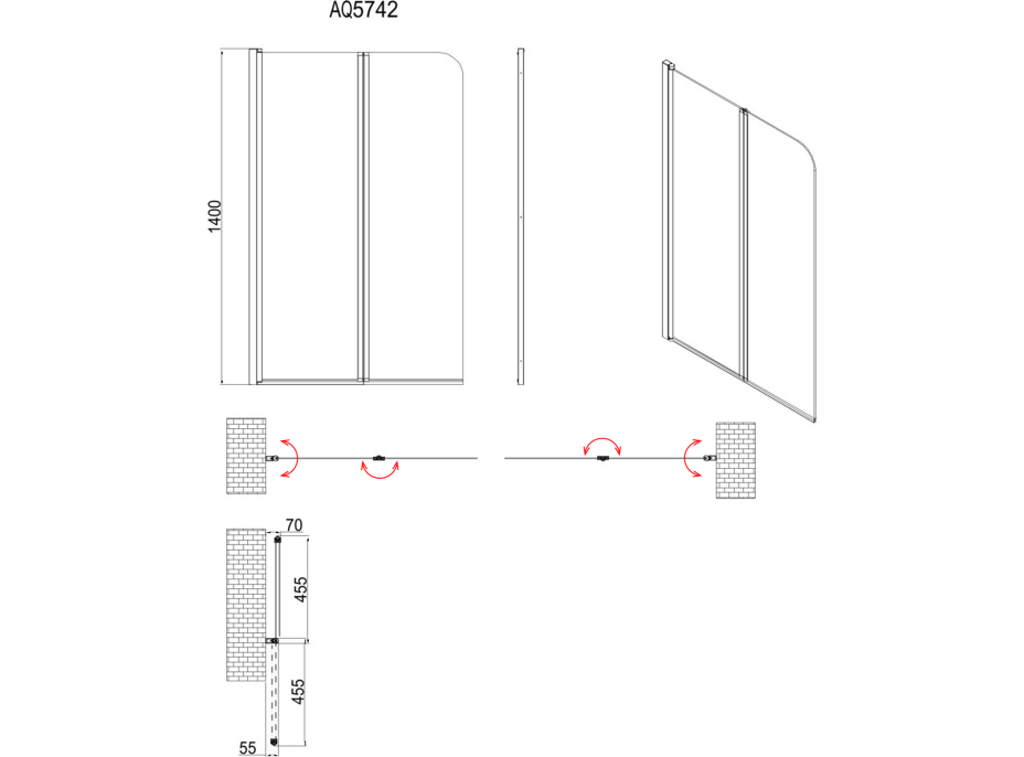 Aqualine WILA vanová zástěna 900x1400 mm skládací, černá, čiré sklo AQ5742B