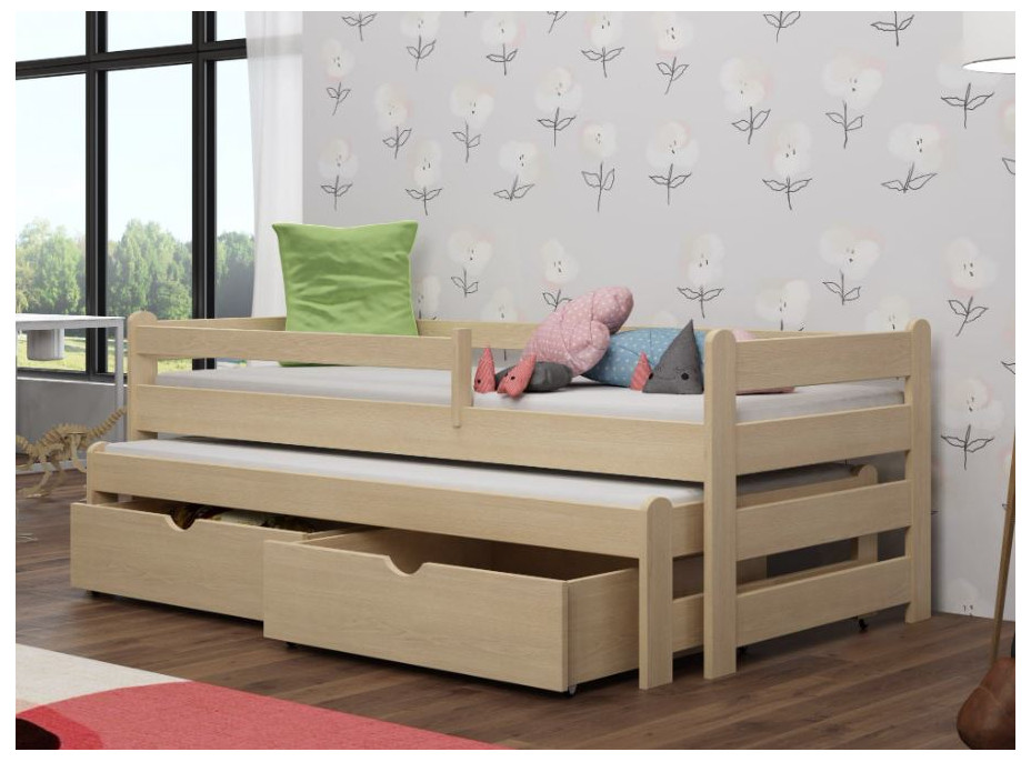 Dětská postel z masivu borovice ALEX s přistýlkou a šuplíky - 200x90 cm - PŘÍRODNÍ BOROVICE