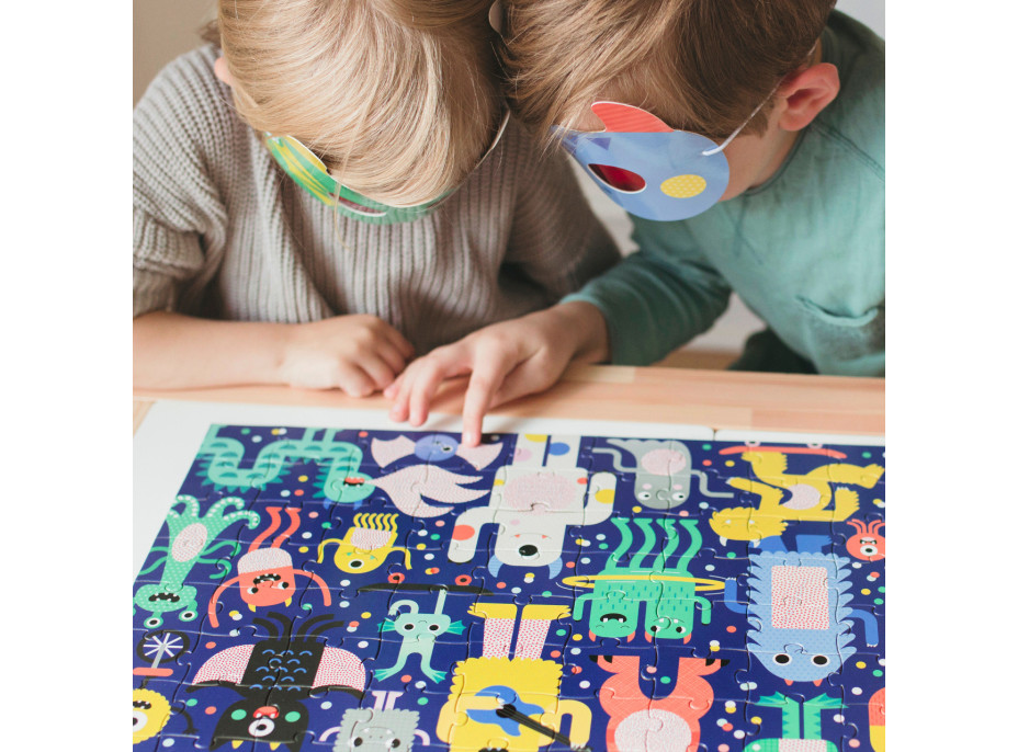 Petit Collage Puzzle příšerky 100 ks s 3D brýlemi