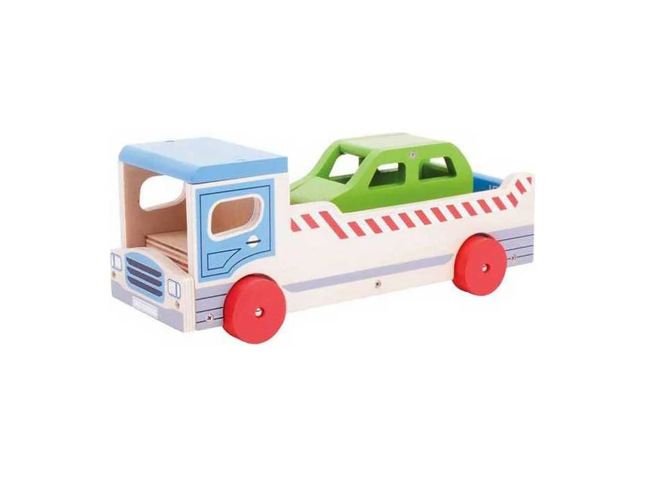 Bigjigs Toys Dřevěné odtahové auto s osobním autem