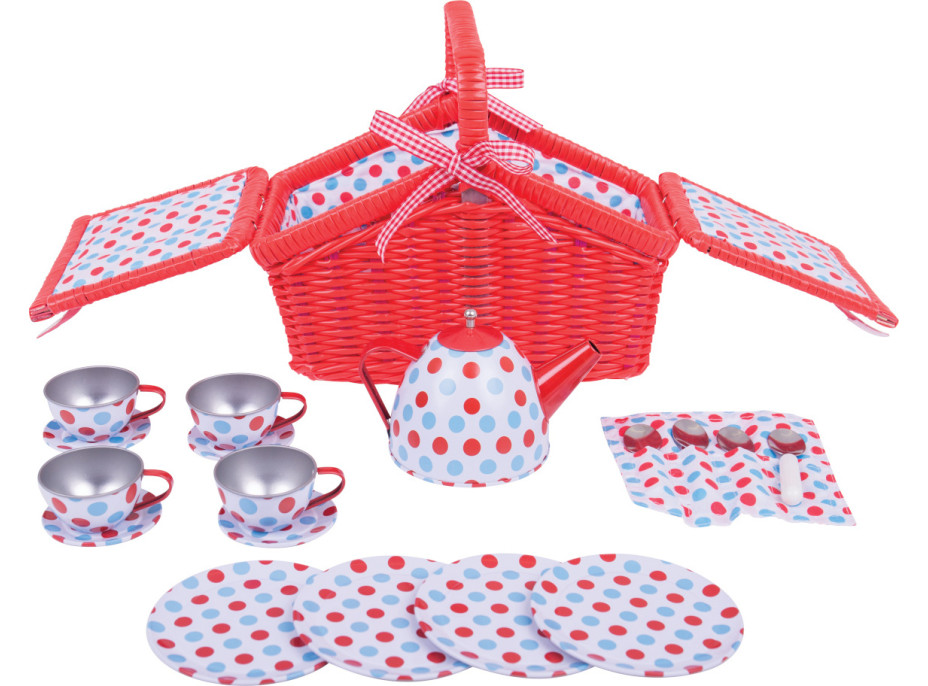 Bigjigs Toys Čajová puntíkovaná sada v piknikovém koši