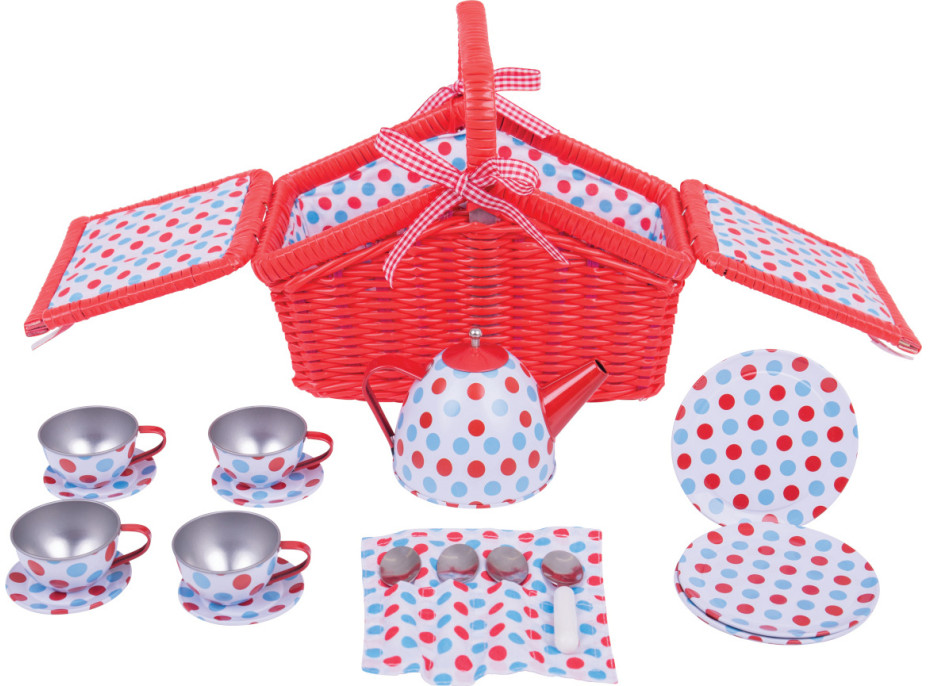 Bigjigs Toys Čajová puntíkovaná sada v piknikovém koši