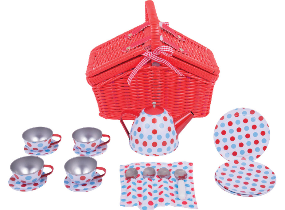 Bigjigs Toys Čajová puntíkovaná sada v piknikovém koši