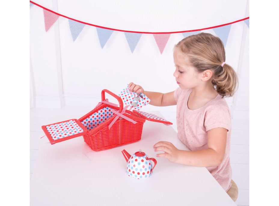 Bigjigs Toys Čajová puntíkovaná sada v piknikovém koši