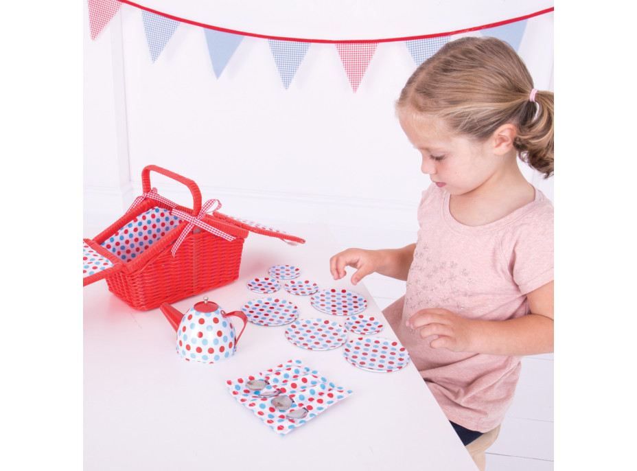 Bigjigs Toys Čajová puntíkovaná sada v piknikovém koši