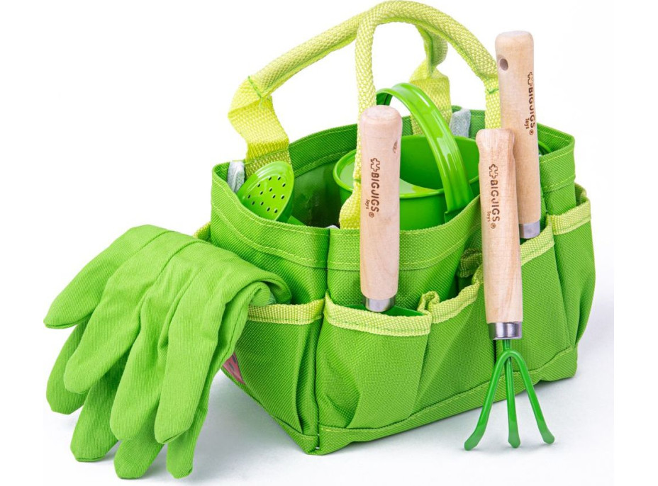 Bigjigs Toys Zahradní set nářadí v plátěné tašce zelený