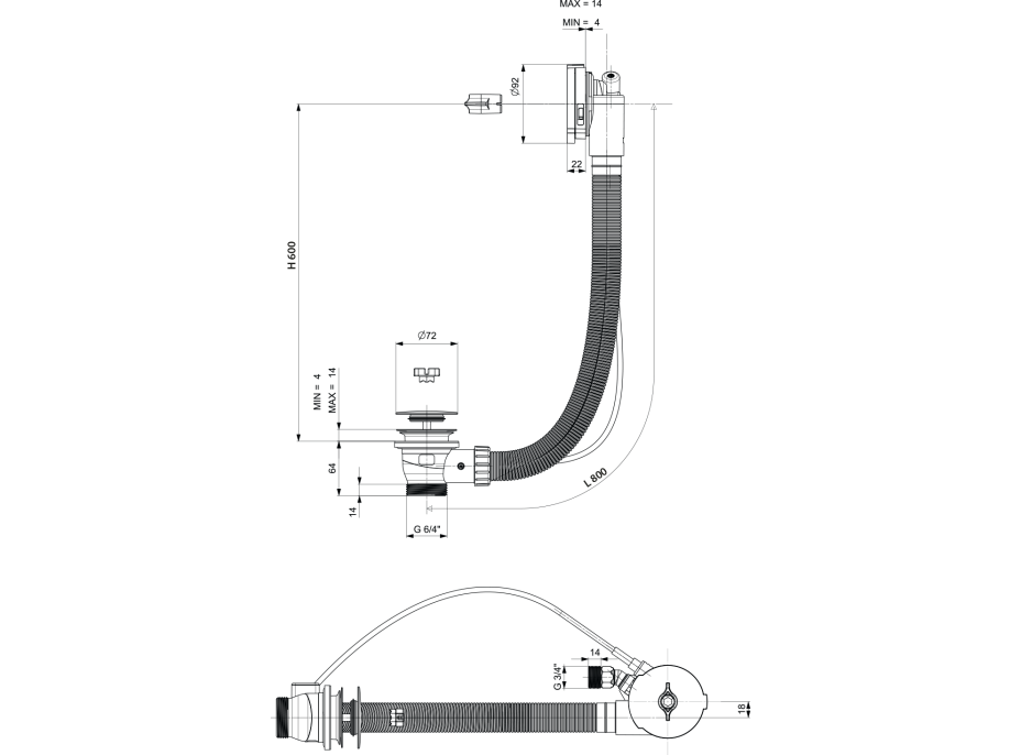 Polysan Vanová souprava s napouštěním, bovden, délka 800mm, zátka 72mm, bílá 71853.10