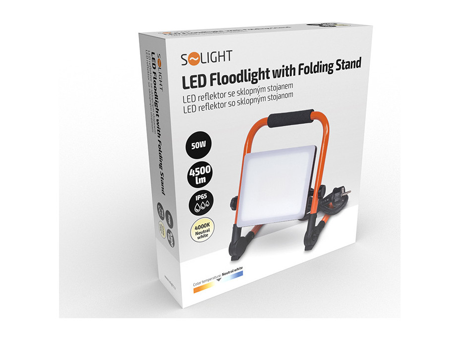 Solight LED reflektor se sklopným stojanem, 50W, 4500lm, 4000K, kabel se zástrčkou, IP65