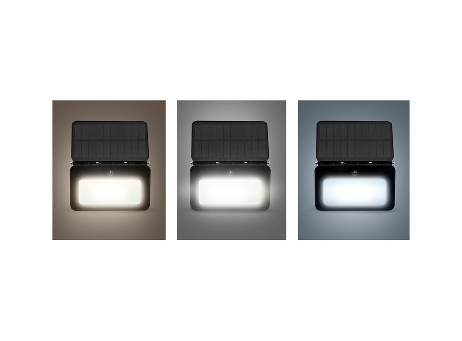 Solight LED solární světélko se senzorem, 6W, 660lm, 3CCT, Li-Ion, černá