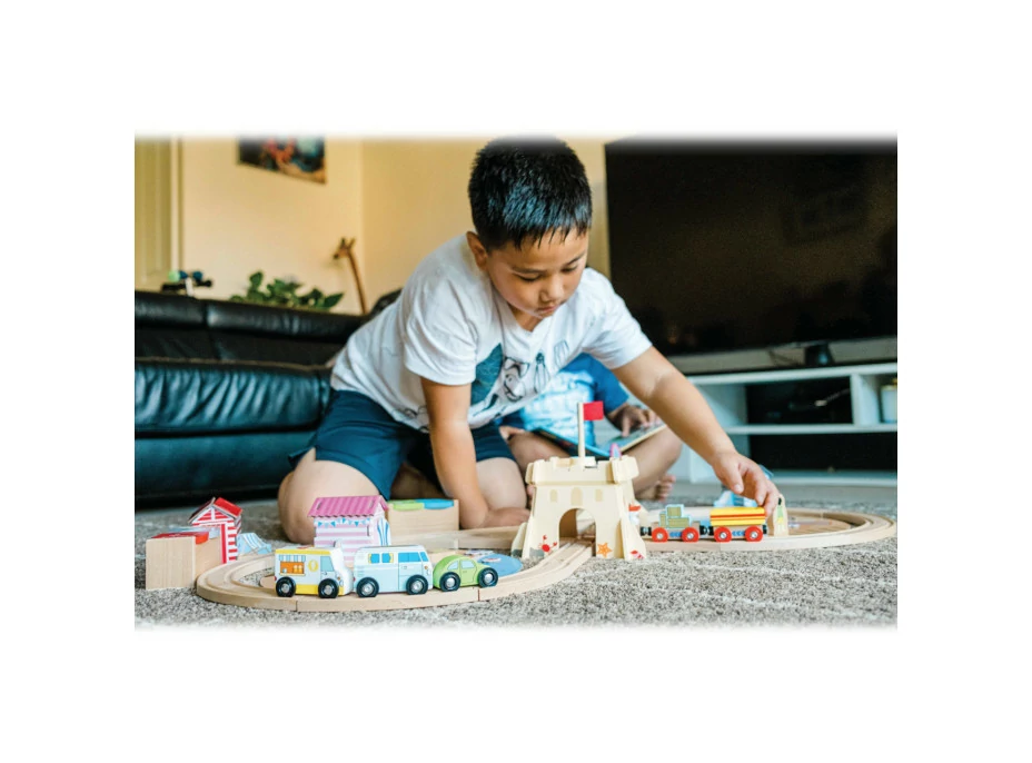 Bigjigs Rail Dřevěná vláčkodráha Úklid pobřeží 70 dílů
