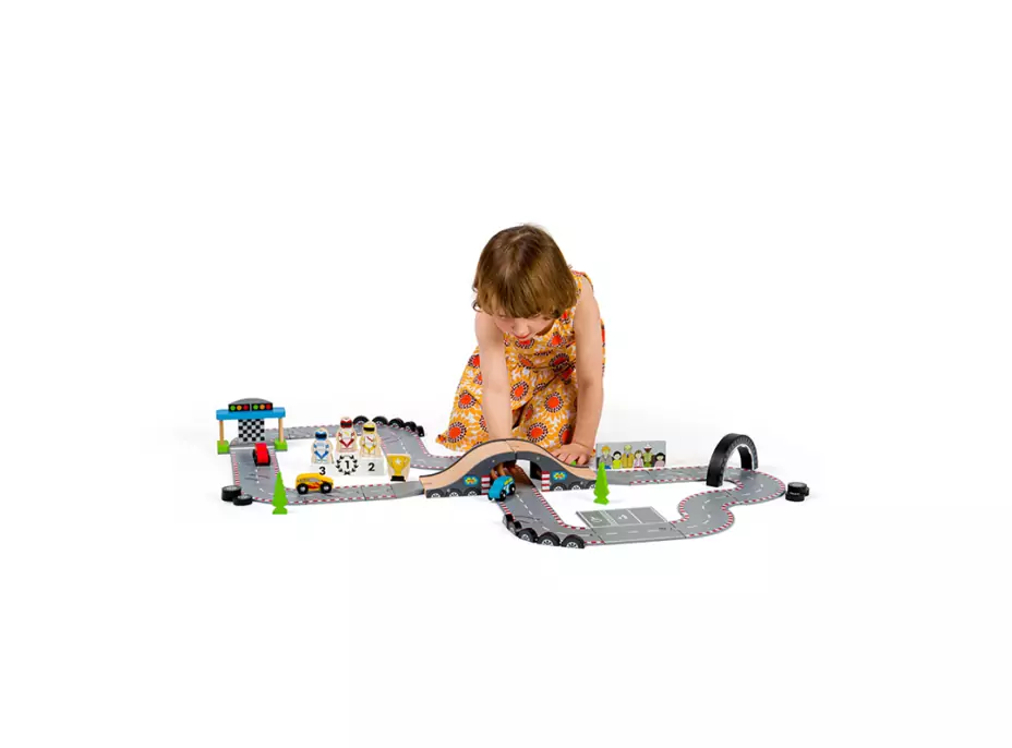Bigjigs Rail Dřevěná autodráha závodní den