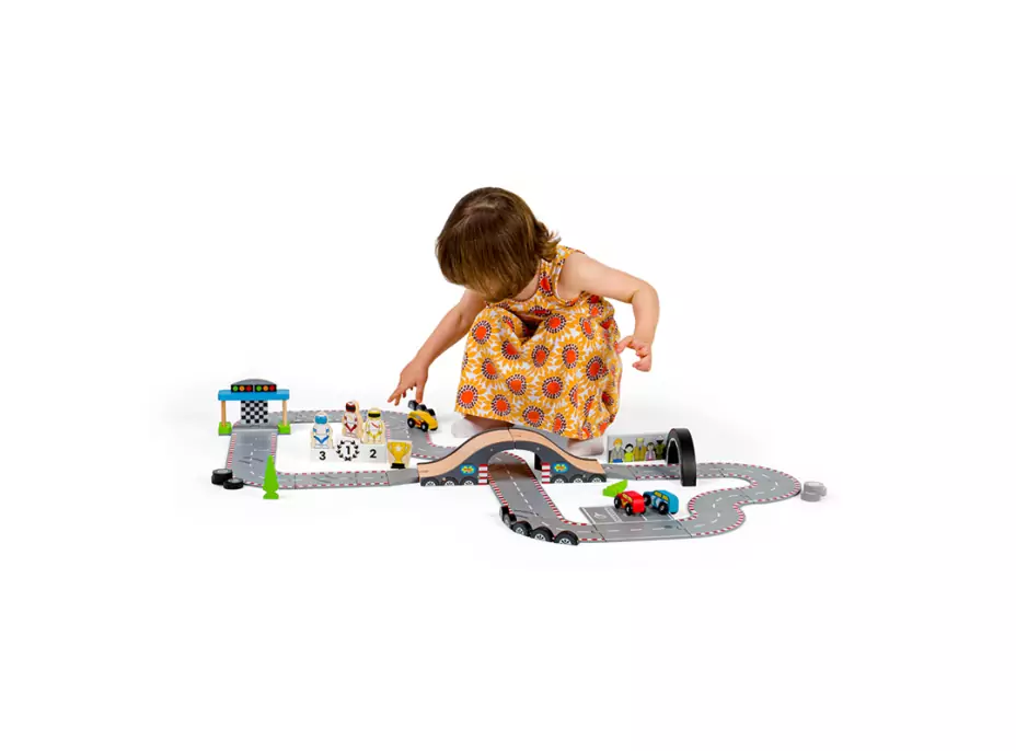 Bigjigs Rail Dřevěná autodráha závodní den