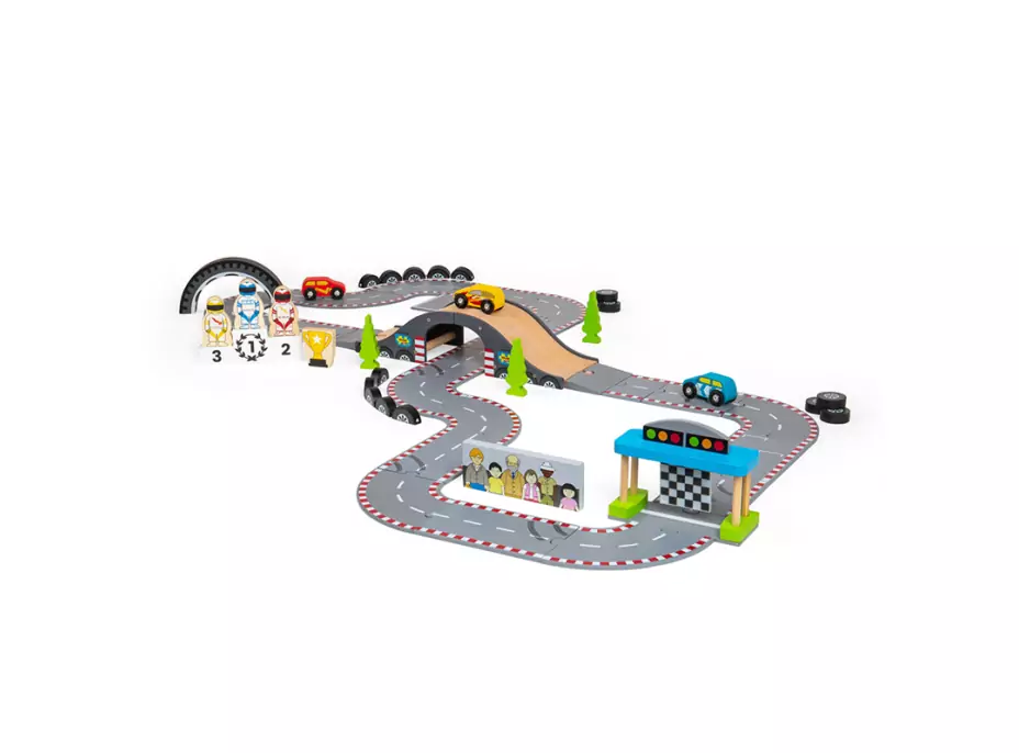 Bigjigs Rail Dřevěná autodráha závodní den