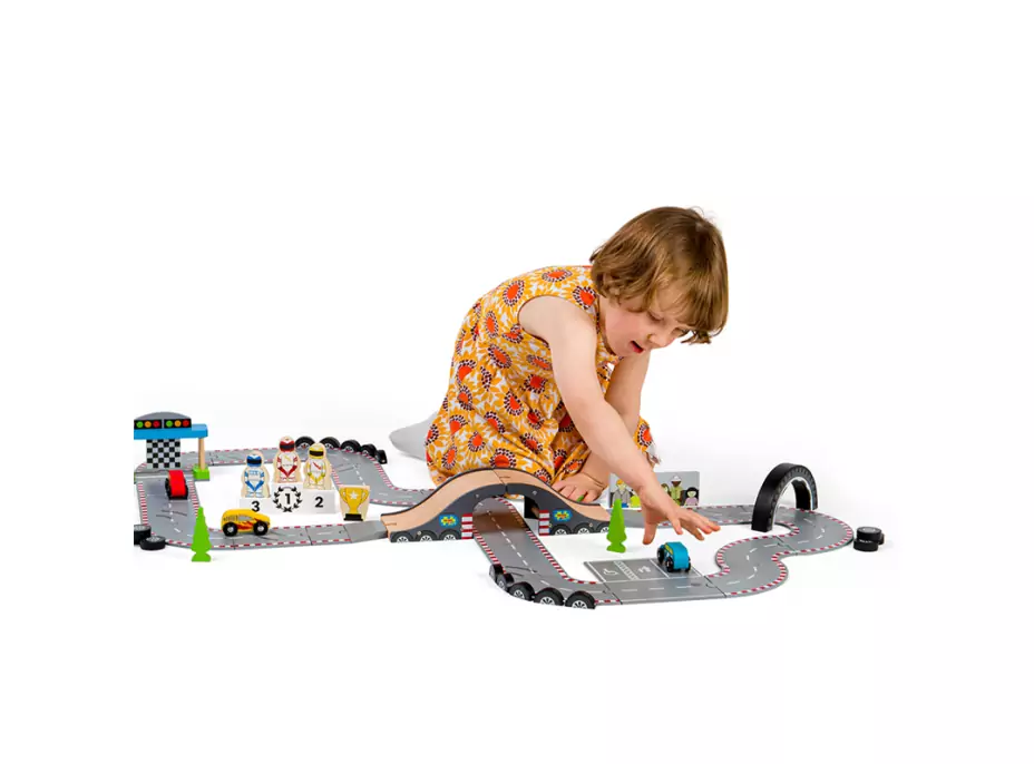 Bigjigs Rail Dřevěná autodráha závodní den