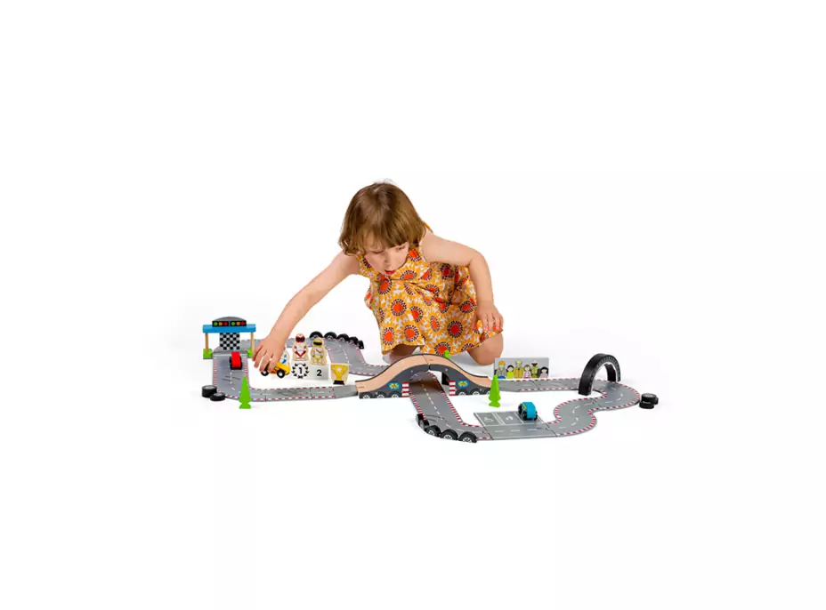 Bigjigs Rail Dřevěná autodráha závodní den