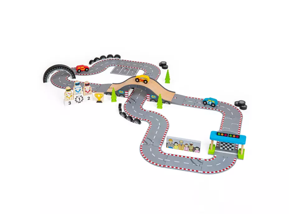 Bigjigs Rail Dřevěná autodráha závodní den