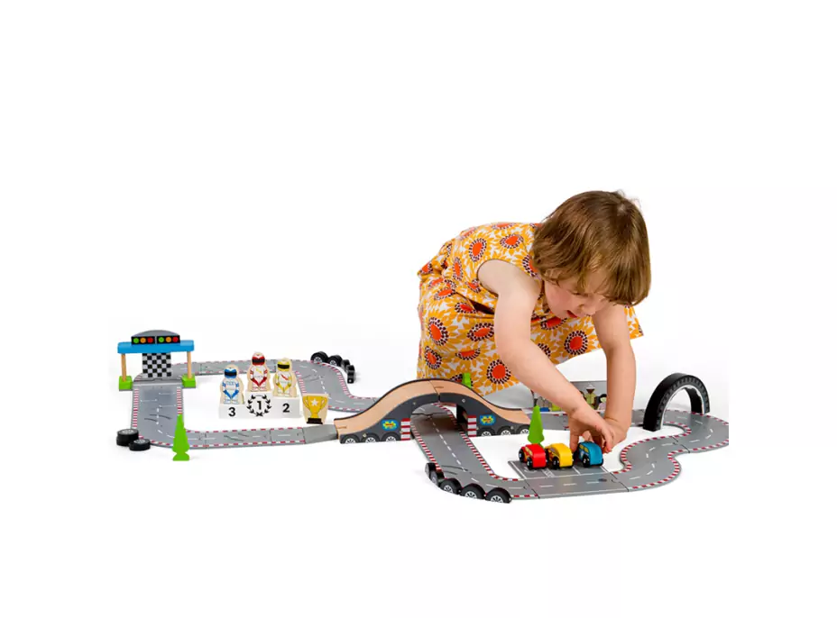 Bigjigs Rail Dřevěná autodráha závodní den