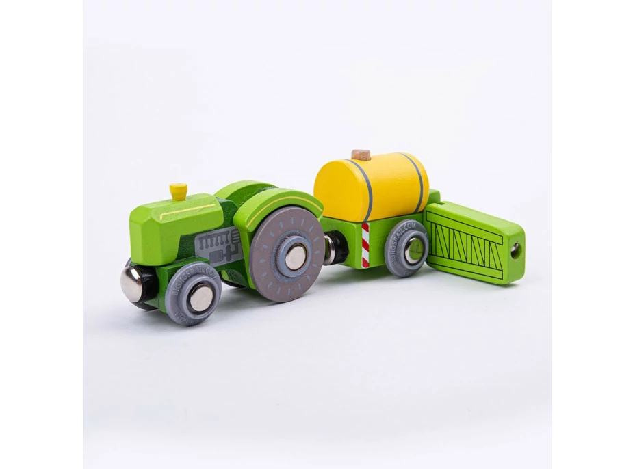 Bigjigs Rail Traktor s vlečkou zelený