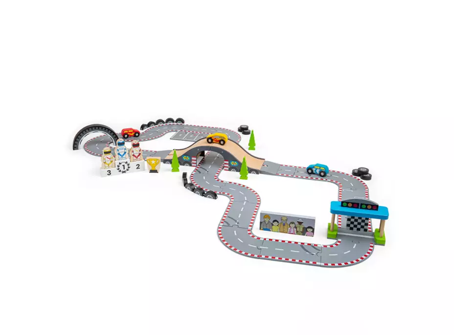 Bigjigs Rail Dřevěná autodráha závodní den