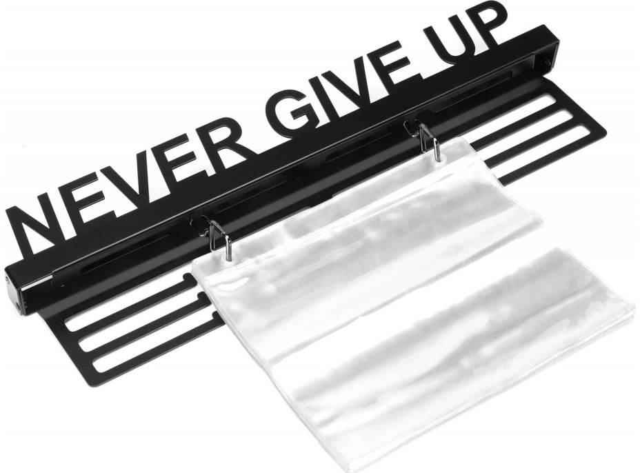 Kovový věšák na medaile a startovní čísla NEVER GIVE UP - černý