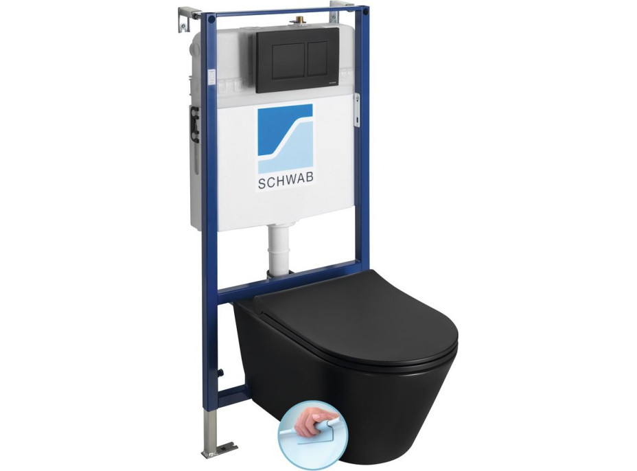 Závěsné WC AVVA Rimless s podomítkovou nádržkou a tlačítkem Schwab, černá mat 100314-110-SET5