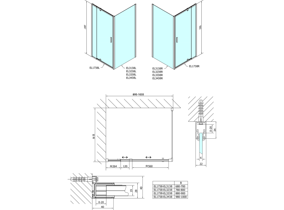 Polysan EASY obdélníkový sprchový kout pivot dveře 900-1000x700mm L/P varianta, brick sklo EL1738EL3138