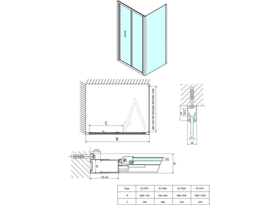 Polysan EASY čtvercový sprchový kout 700x700mm, skládací dveře, L/P varianta, čiré sklo EL1970EL3115