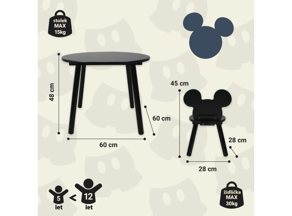 Dětský stoleček se 2 židličkami Mickey Mouse - černý