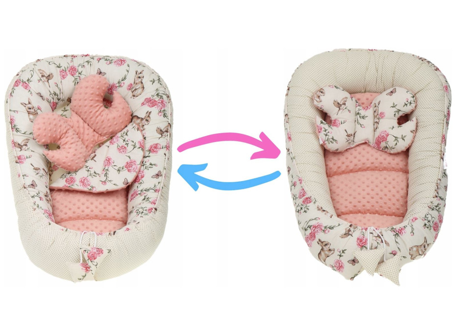 Oboustranné hnízdečko (kokon) pro miminko - BABYMAM PREMIUM set 7v1 - Tajemná zahrada s meruňkovou minky
