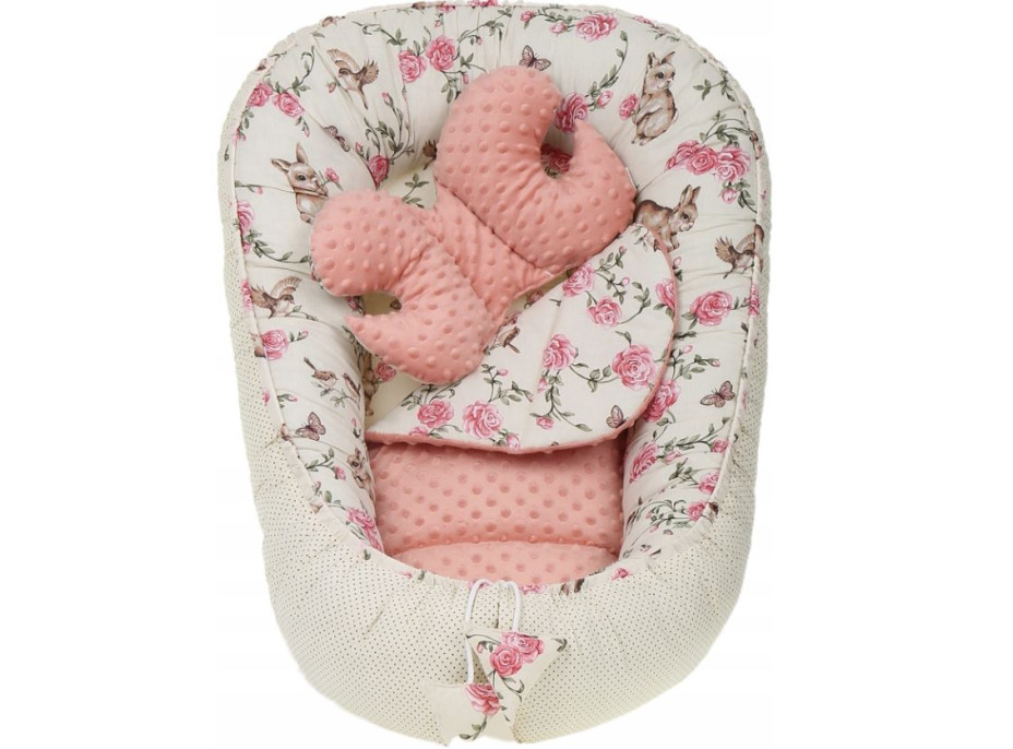 Oboustranné hnízdečko (kokon) pro miminko - BABYMAM PREMIUM set 7v1 - Tajemná zahrada s meruňkovou minky